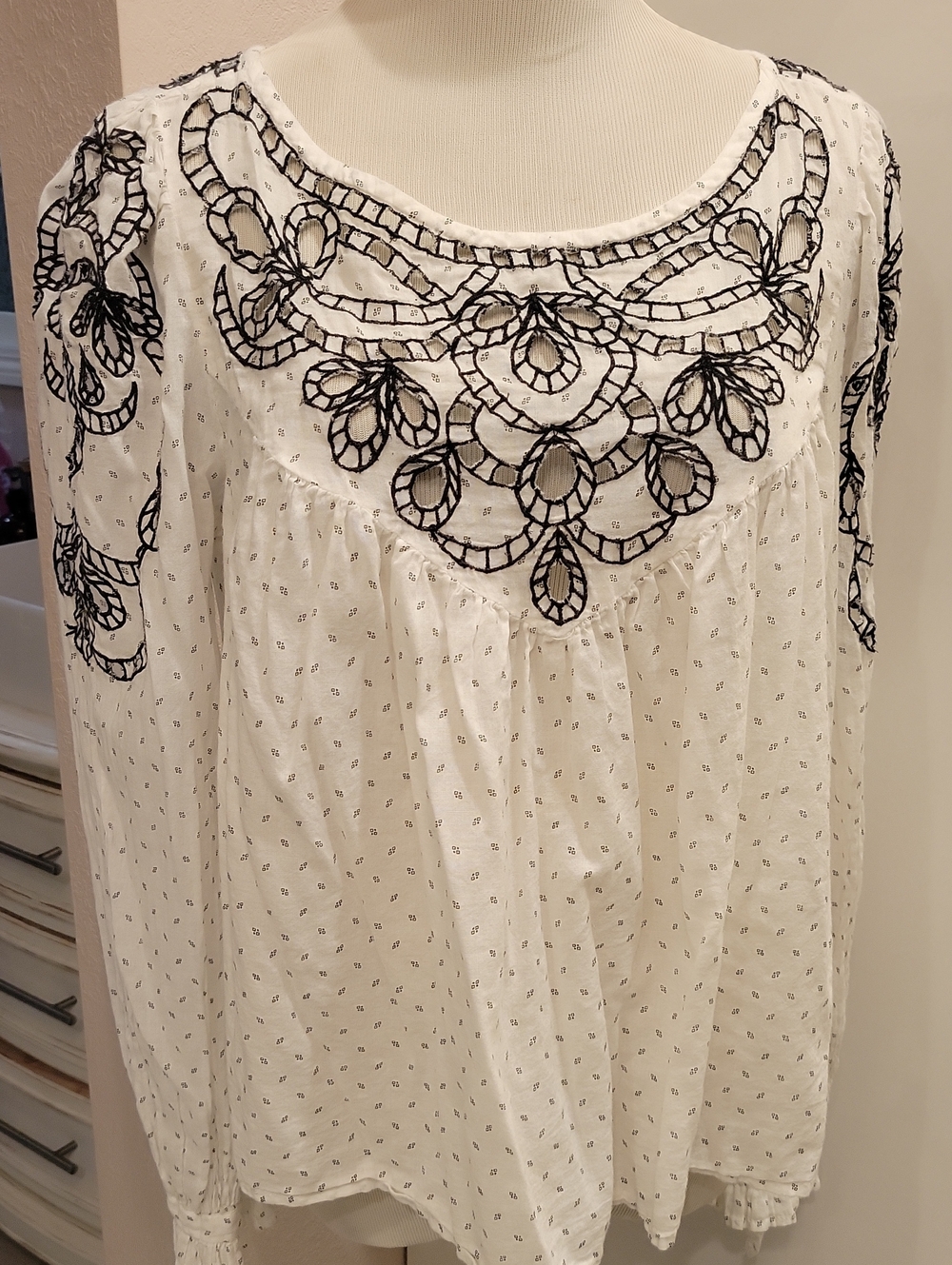 Free People White Peasant Tunic with Black Embroidery